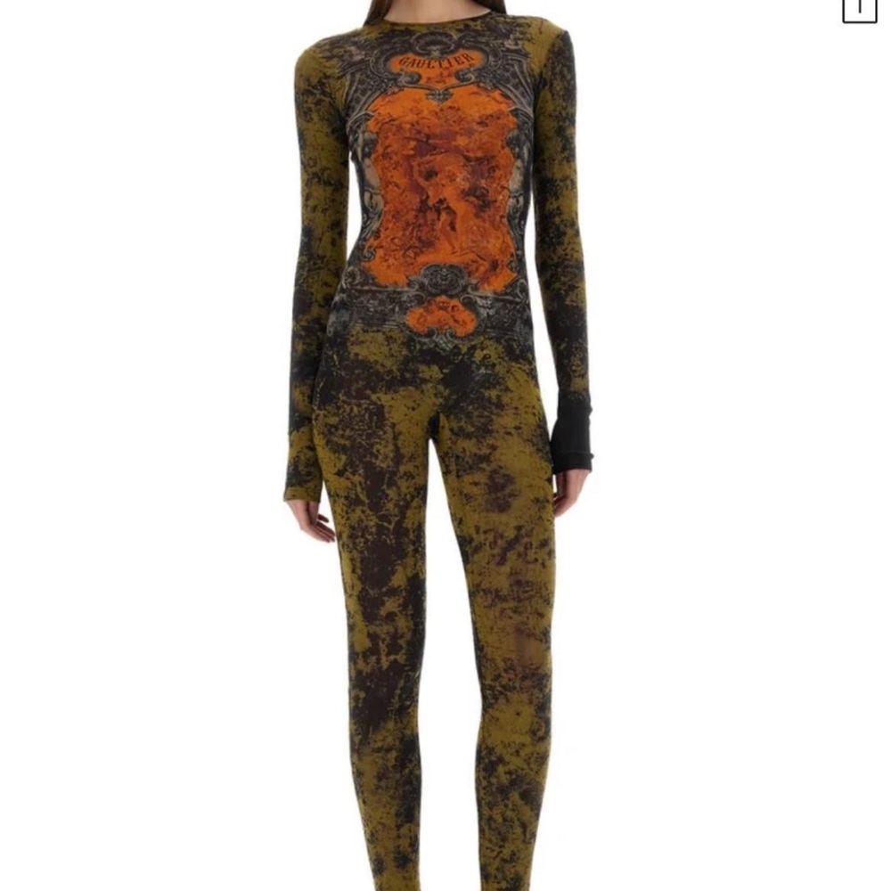 Gaultier orange and black graphic print long sleeve jumpsuit